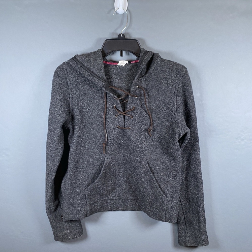 Vintage J. Crew Sweater Womens S Gray Hoodie Jacket 100% Wool Laceup USA Made